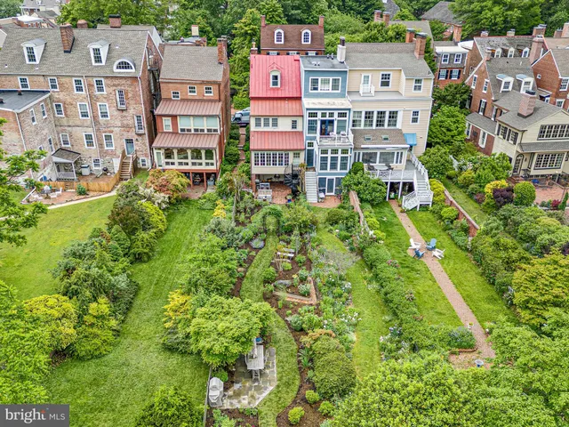 a view of a yard with plants and a bench