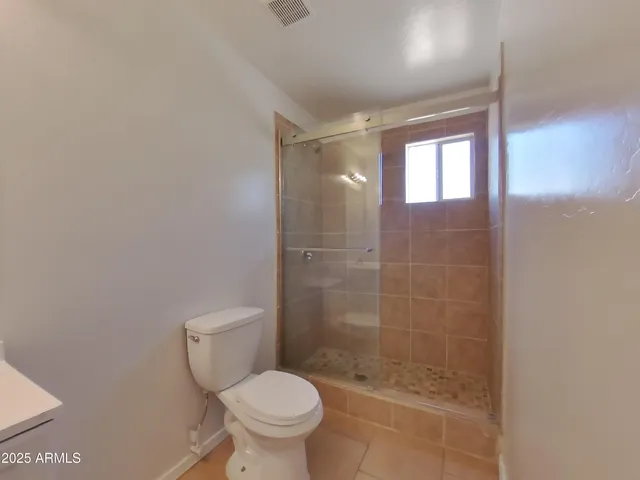 a bathroom with a shower and a toilet