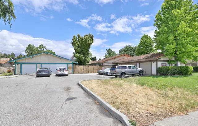 front view of a house with a patio