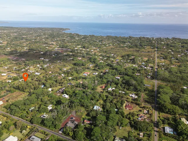 an aerial view of residential houses with outdoor space and trees