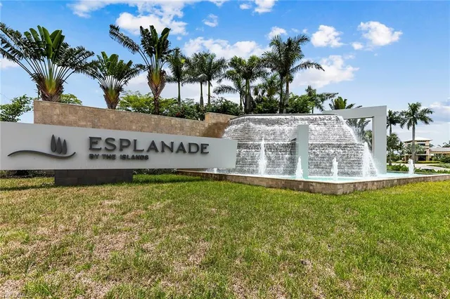 a view of a water fountain with palm trees