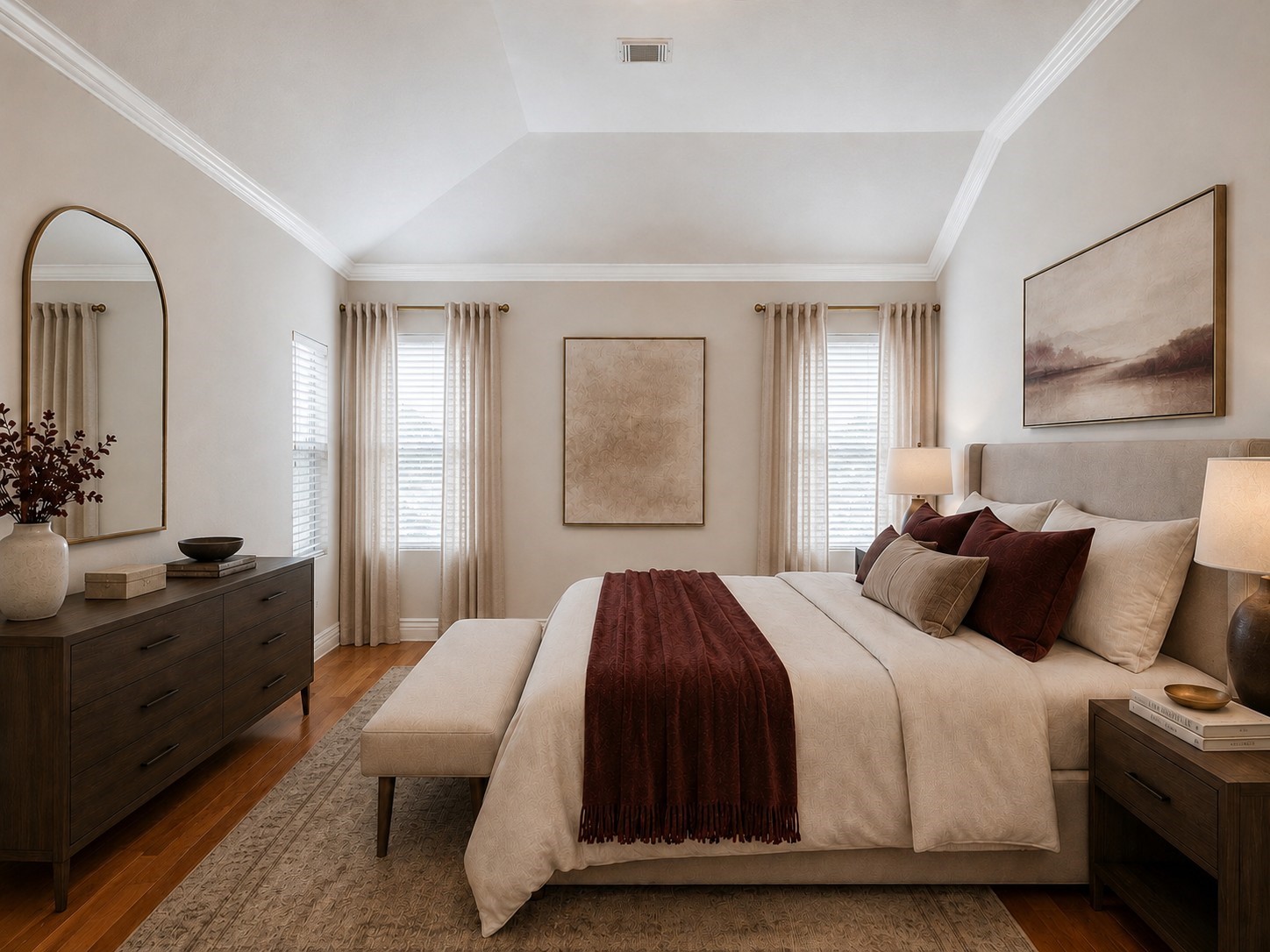 19422 Harvest Stream Way Houston, TX 77084 - Photo 21 of 41 Discover the elegance of this spacious primary suite, featuring vaulted ceilings and abundant natural light from multiple windows, beautifully AI-staged for your ideal living space.