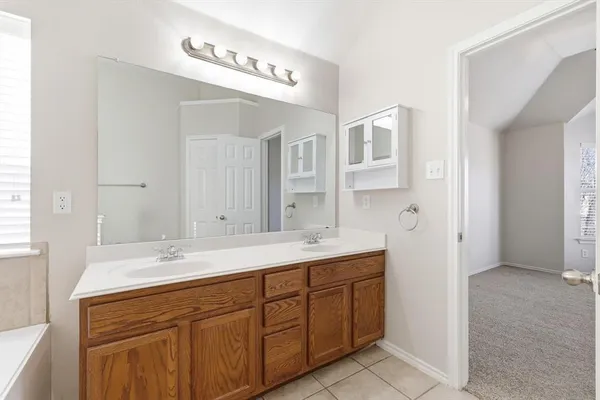 a bathroom with a tub sink and mirror