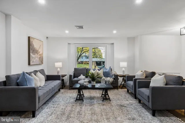 a living room with furniture and a potted plant