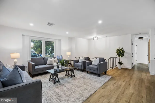 a living room with furniture potted plant and a window