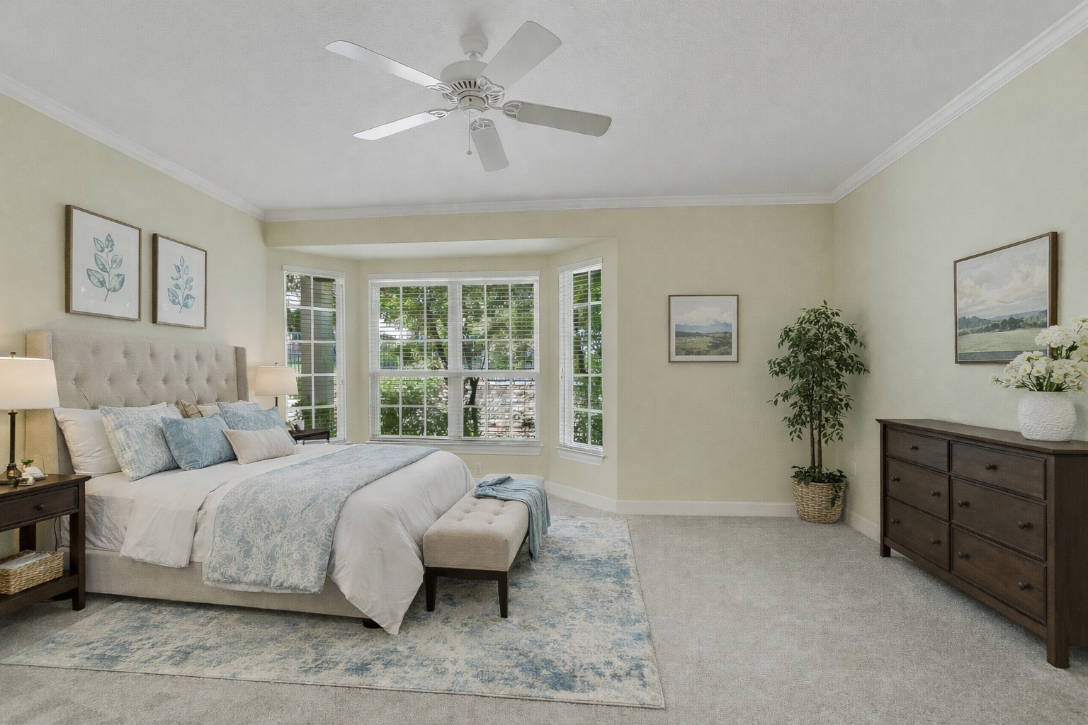 603 Rio Grande Loop Georgetown, TX 78633 - Photo 12 of 27 Bedroom featuring carpet, a ceiling fan, and ornamental molding
