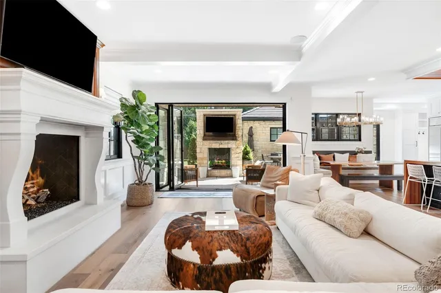 a living room with furniture fireplace and potted plant