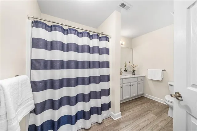 a bathroom with a sink a toilet a mirror and shower curtain