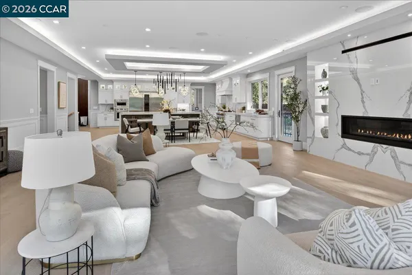 a living room with furniture and a table