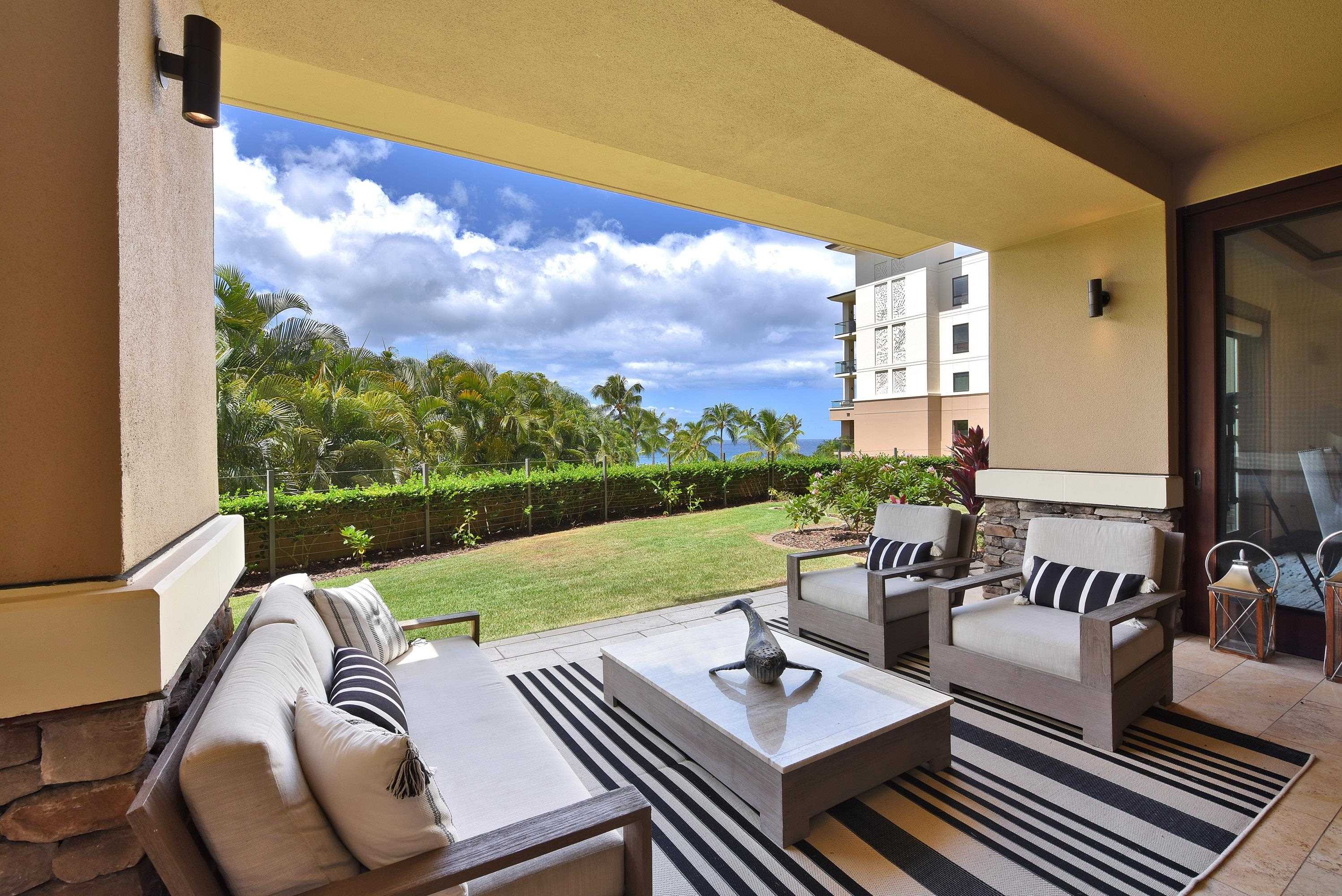 1 Bay Drive, Unit 5102 Lahaina, HI 96761 - Photo 40 of 50 a view of a patio with couches table and chairs
