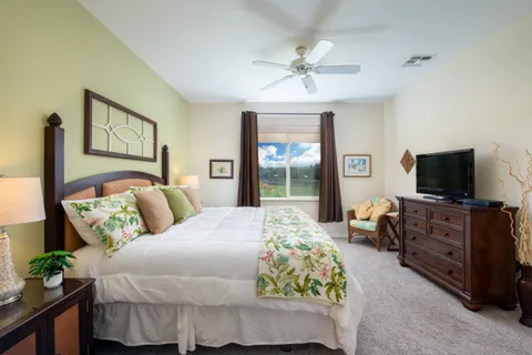 a bedroom with a bed and a flat screen tv