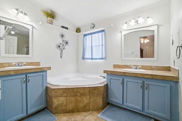 a bathroom with a tub sink and mirror
