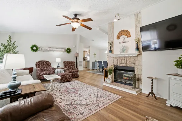 a living room with furniture and a fireplace