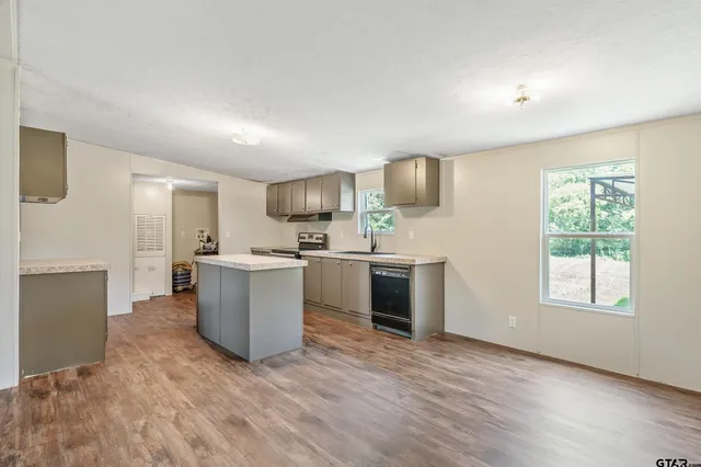 a kitchen with a sink cabinets and wooden floor