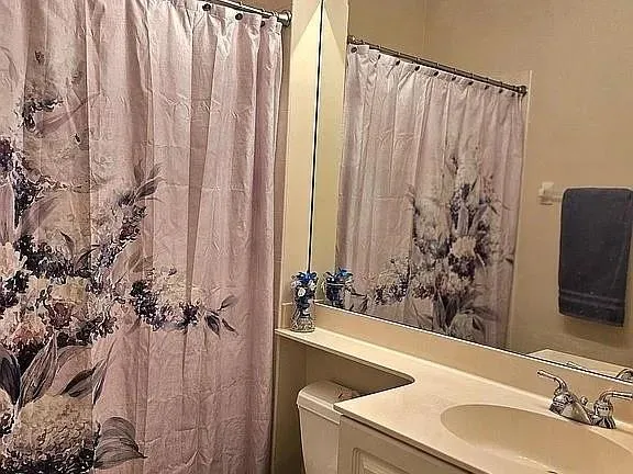 a bathroom with a sink a toilet and a mirror