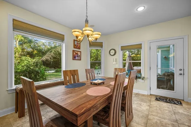 a view of a dining room with furniture window and outside view