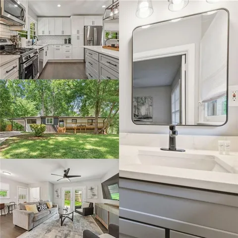 a kitchen with kitchen island a counter top space appliances and cabinets