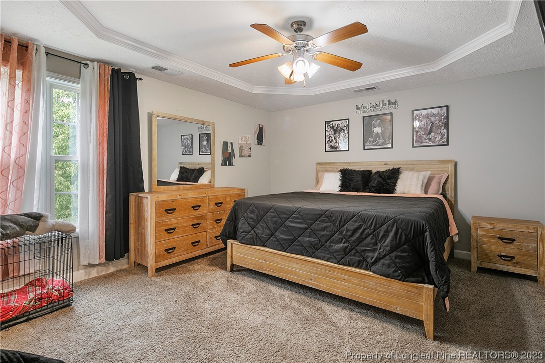 250 Pender Road Spring Lake, NC 28390 - Photo 23 of 50 a bedroom with a bed a chandelier and a dresser