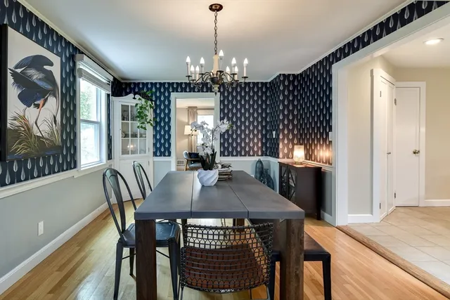 a view of a a dining room with furniture window and wooden floor