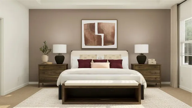 a bedroom with a bed and fireplace