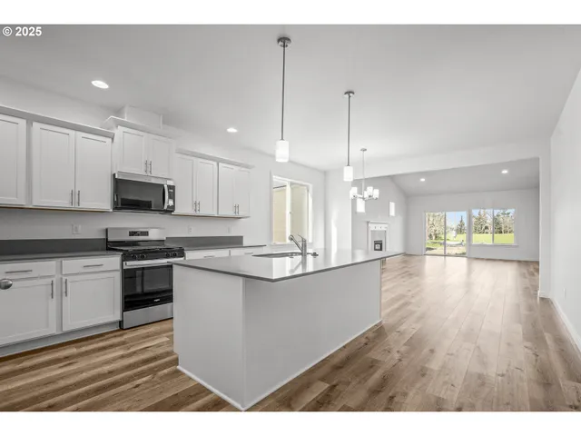 a kitchen with stainless steel appliances granite countertop a sink a stove and a wooden floors
