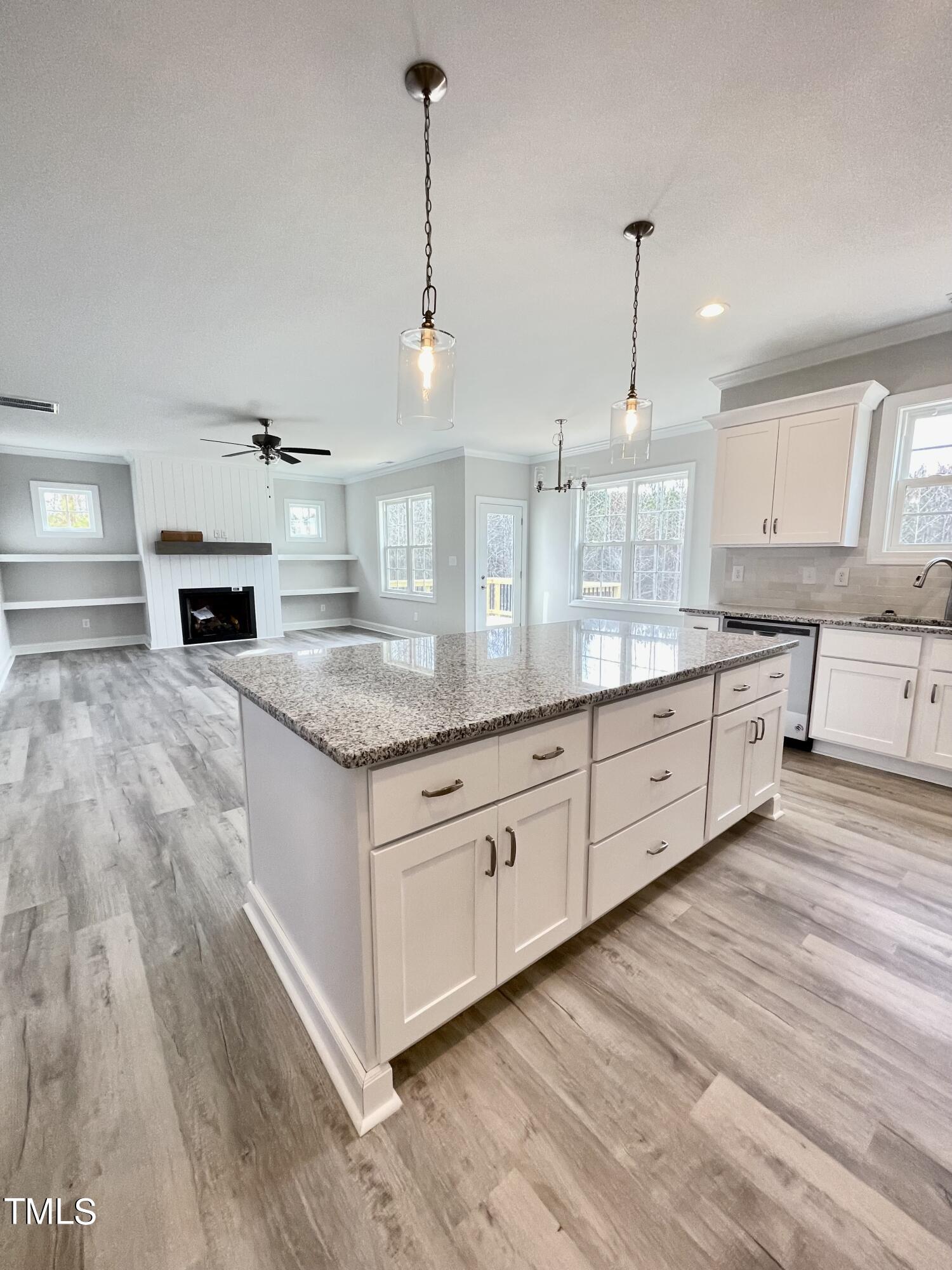 35 Sunrise Court Spring Hope, NC 27882 - Photo 9 of 18 a kitchen with stainless steel appliances granite countertop a sink dishwasher a refrigerator and a fireplace with wooden floor