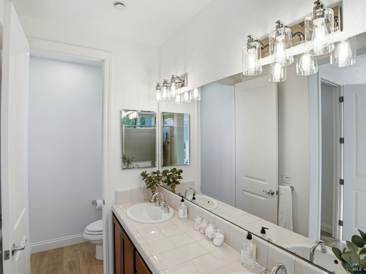 4424 Streamside Drive Santa Rosa, CA 95409 - Photo 40 of 55 a bathroom with a sink vanity granite toilet and a mirror