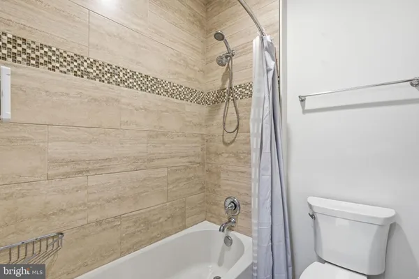 a bathroom with a shower and a toilet