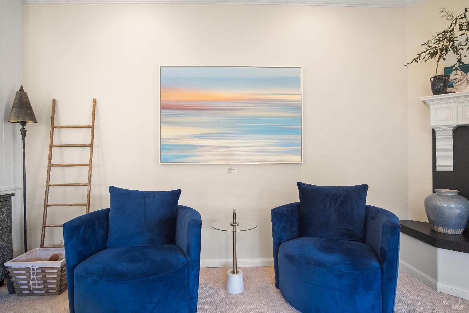 6 Oak Road Larkspur, CA 94939 - Photo 12 of 41 a living room with furniture a fireplace and a flat screen tv