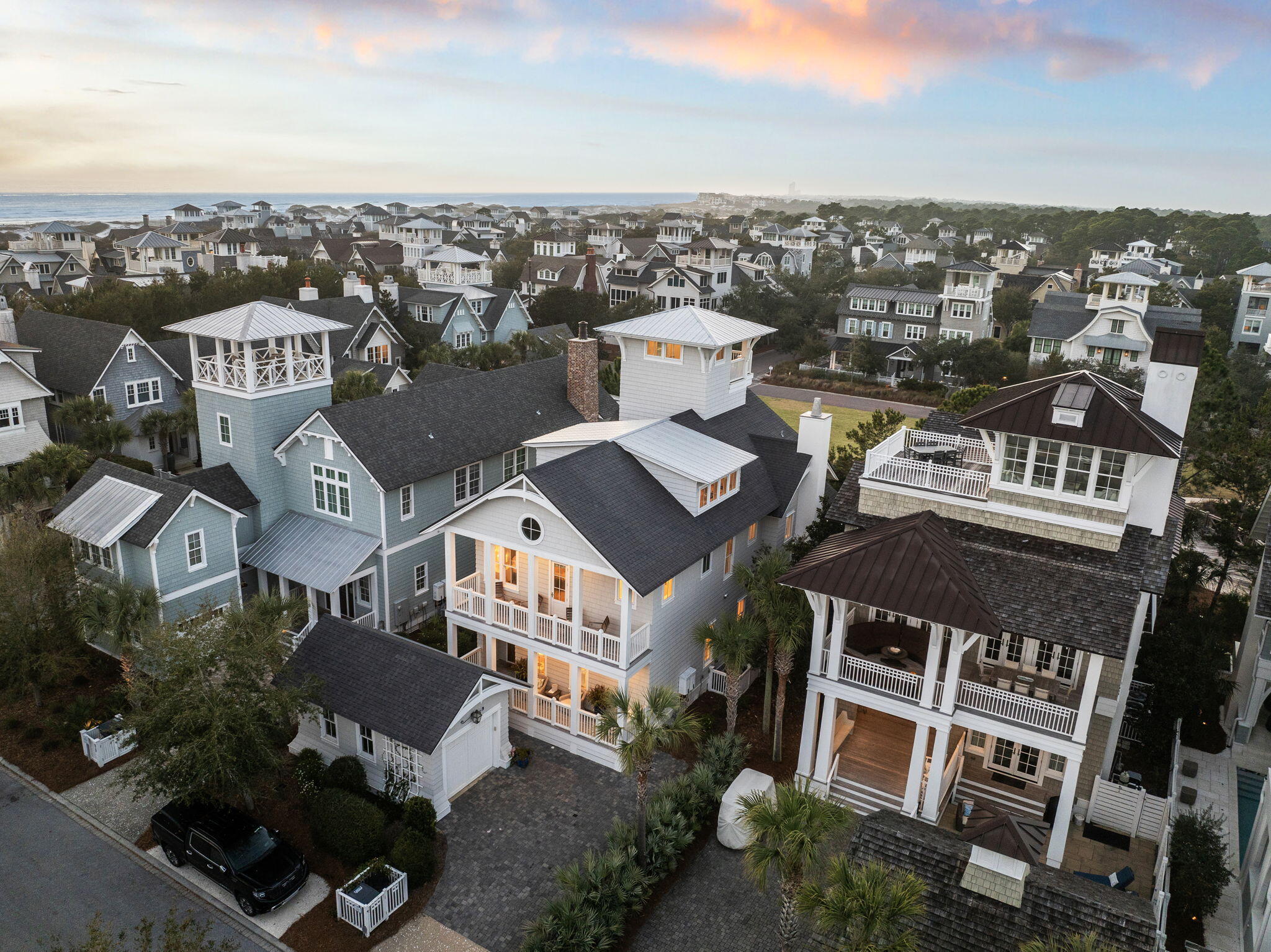 an aerial view of a house with a garden