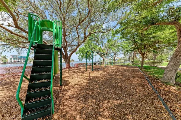 a view of a park with large trees