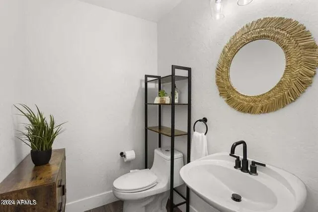 a bathroom with a toilet a sink and mirror