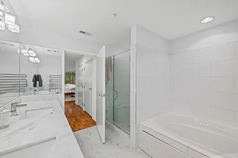 a bathroom with a tub shower double vanity sink and a mirror