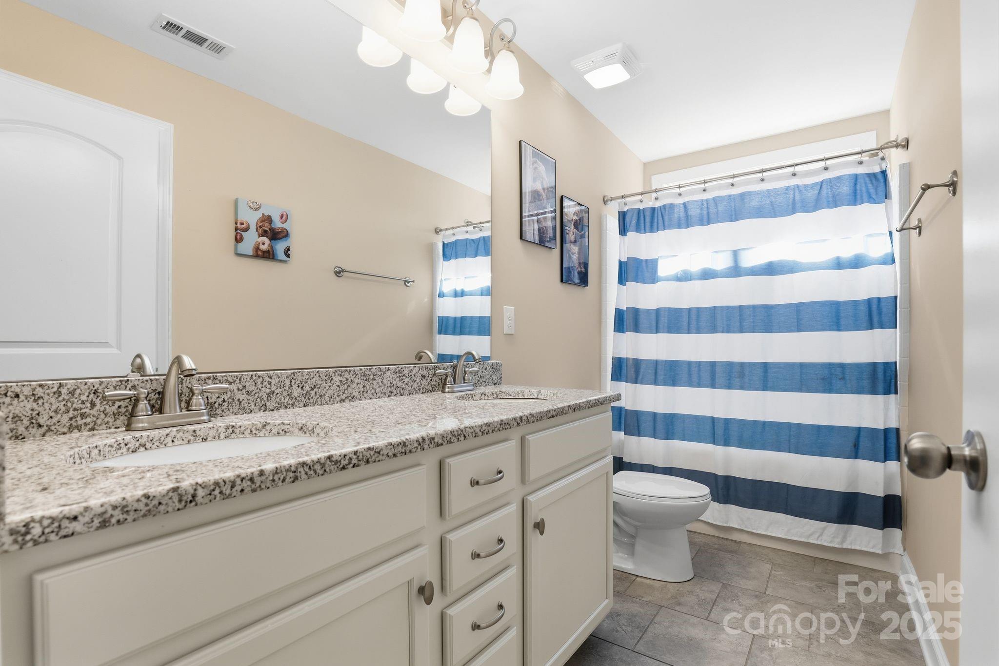 5000 Mill Creek Road Clover, SC 29710 - Photo 27 of 42 a bathroom with a granite countertop sink a toilet and a large mirror