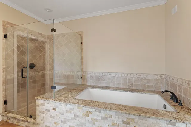 a bathroom with a bathtub and shower