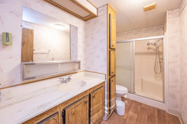 a bathroom with a sink a toilet and shower