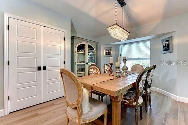 a view of a dining room with furniture window and wooden floor