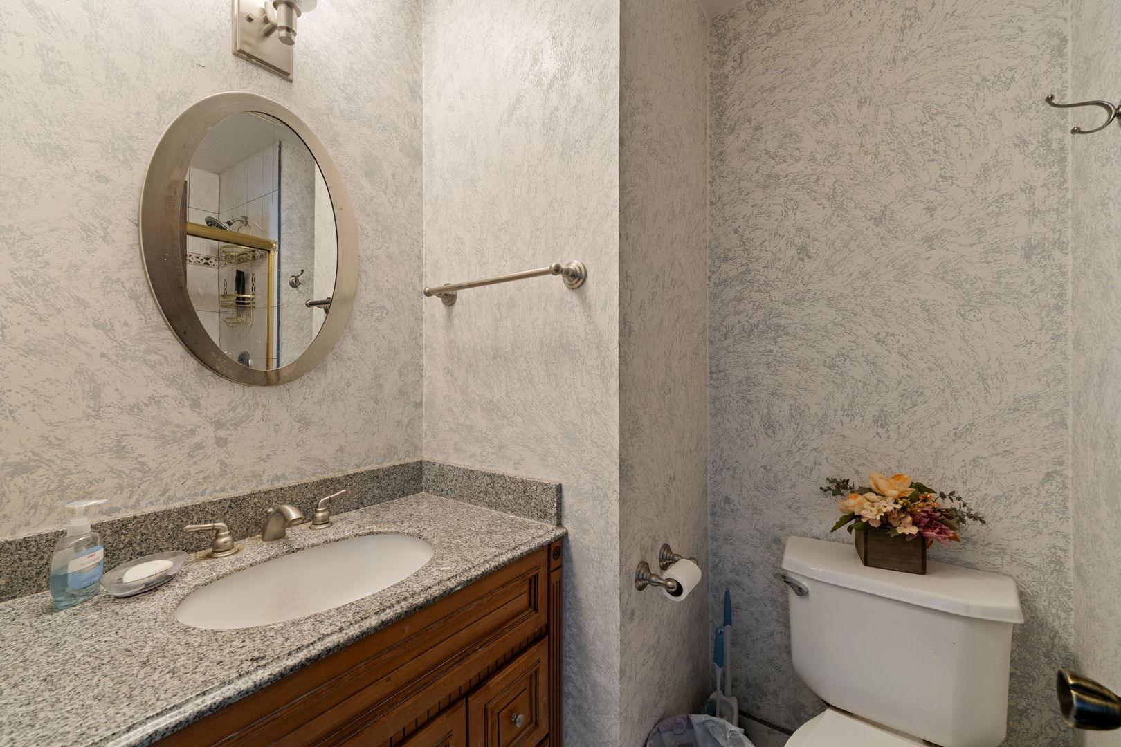 756 Rodenburg Road, Unit 1C Roselle, IL 60172 - Photo 19 of 28 a bathroom with a granite countertop toilet a sink and a mirror