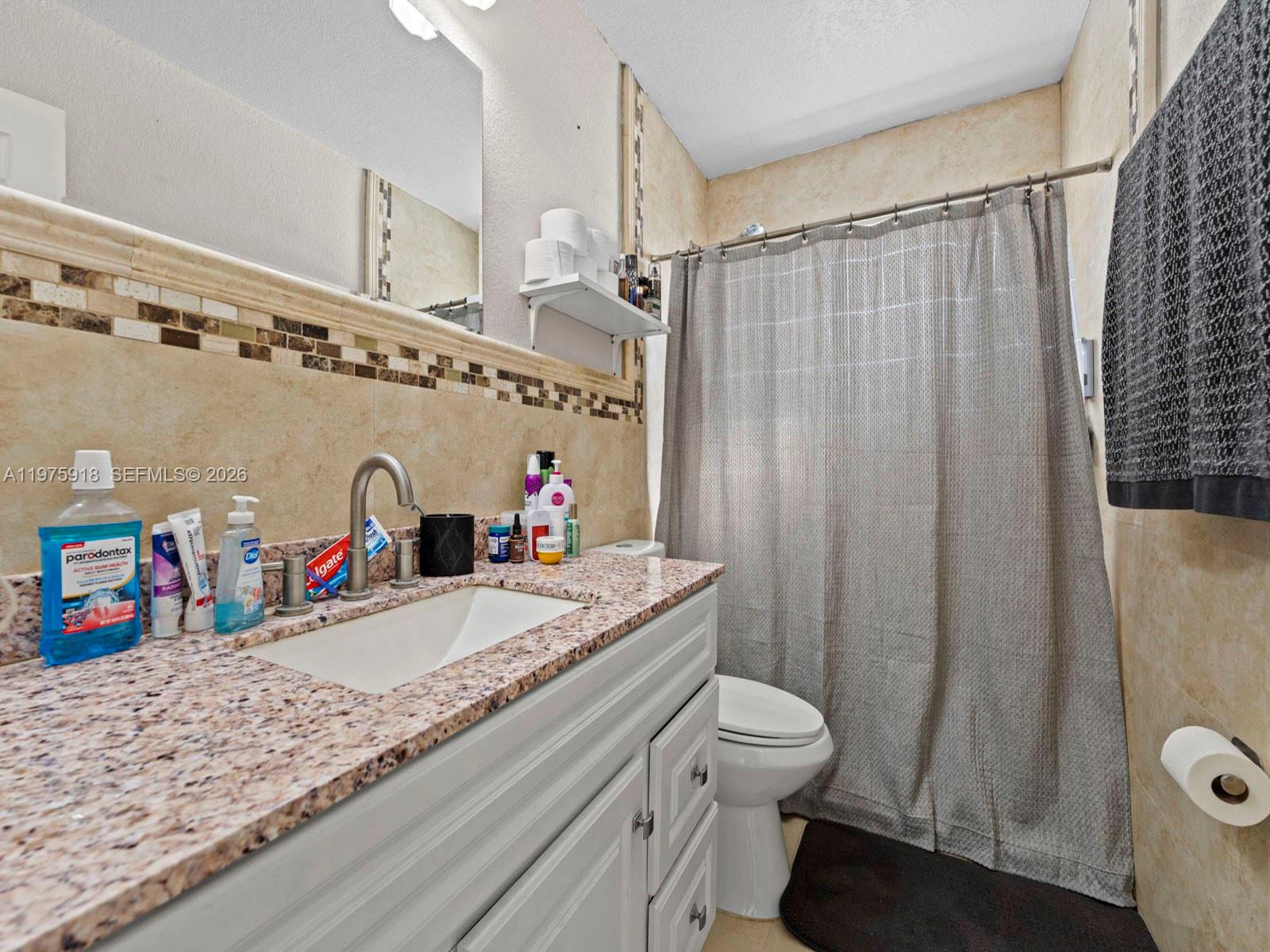 30236 Southwest 148th Place Homestead, FL 33033 - Photo 46 of 69 a bathroom with a granite countertop sink a toilet and shower curtain