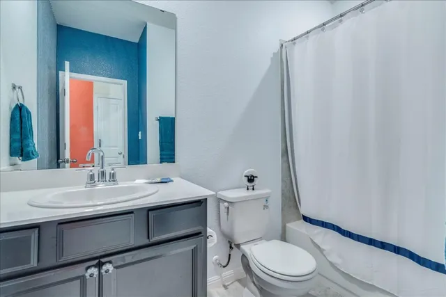 a bathroom with a sink a toilet a mirror and shower curtain