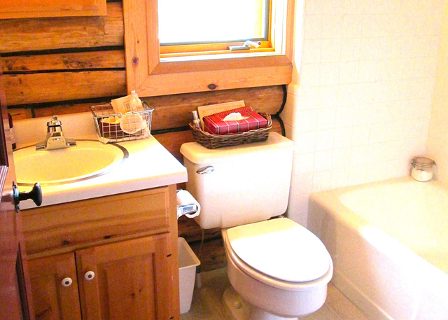 6210 Mountain View Road, Unit 133 Coalville, UT 84017 - Photo 39 of 87 The main floor bath features a pine vanity, pine medicine cabinet, & casement window with red Roman shade.