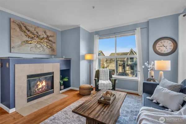 a living room with furniture two window and a fireplace