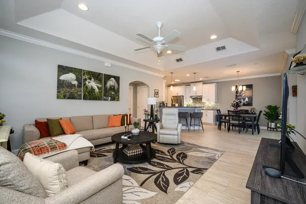 a living room with furniture and a potted plant