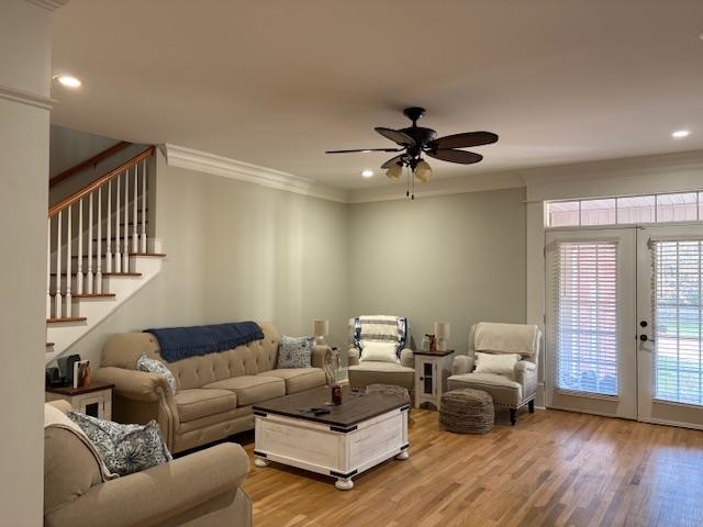4310 Enoch Road Aynor, SC 29511 - Photo 6 of 39 Living room with french doors, stairs, wood finished floors, recessed lighting, and ceiling fan