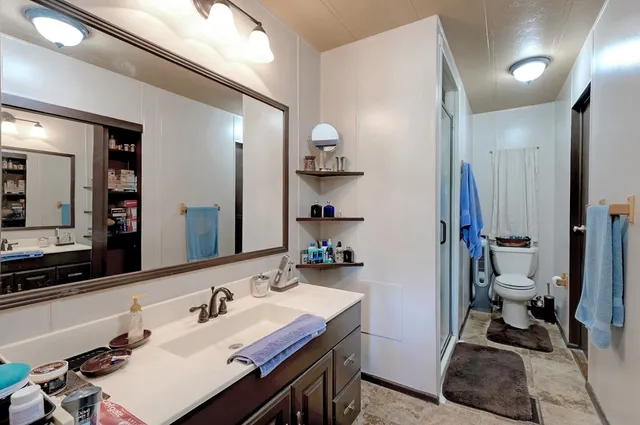 a bathroom with a sink double vanity and a toilet