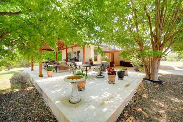 a view of a patio with table and chairs potted plants and large tree