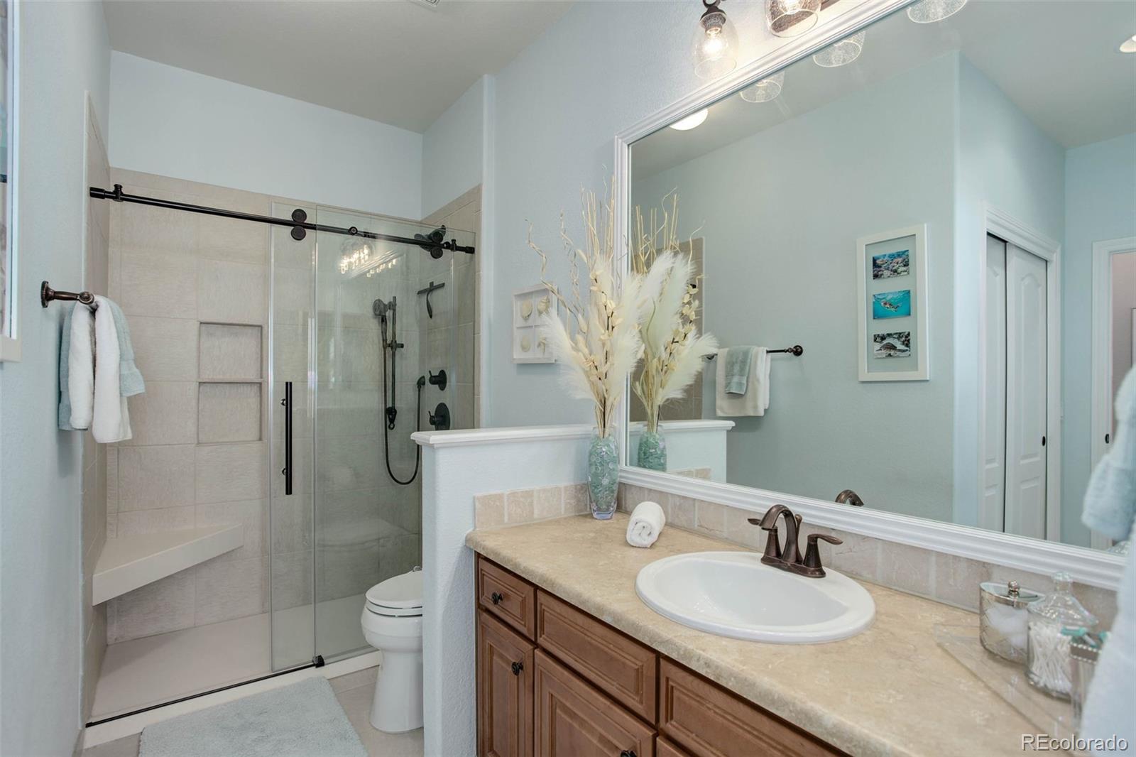 3441 Antelope Ridge Trail Parker, CO 80138 - Photo 31 of 50 a bathroom with a granite countertop sink toilet mirror and shower