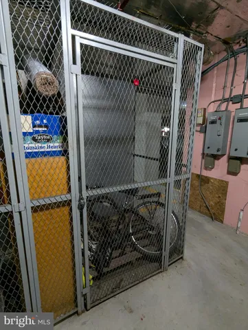 a view of a door and storage