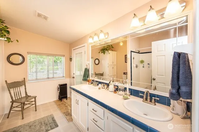 a bathroom with a double vanity sink double mirror and tub