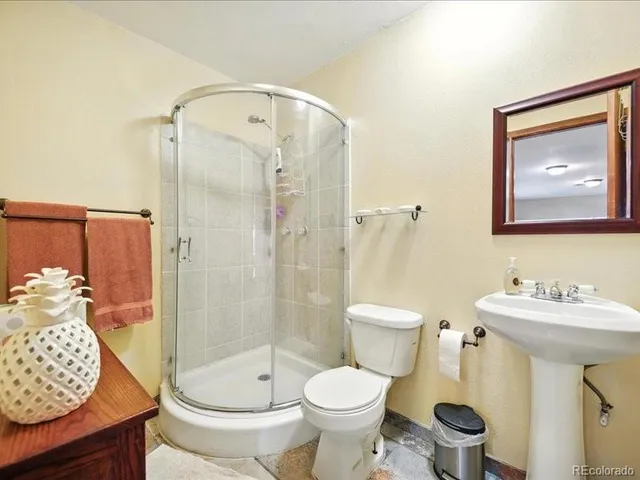 a view of a garage with storage